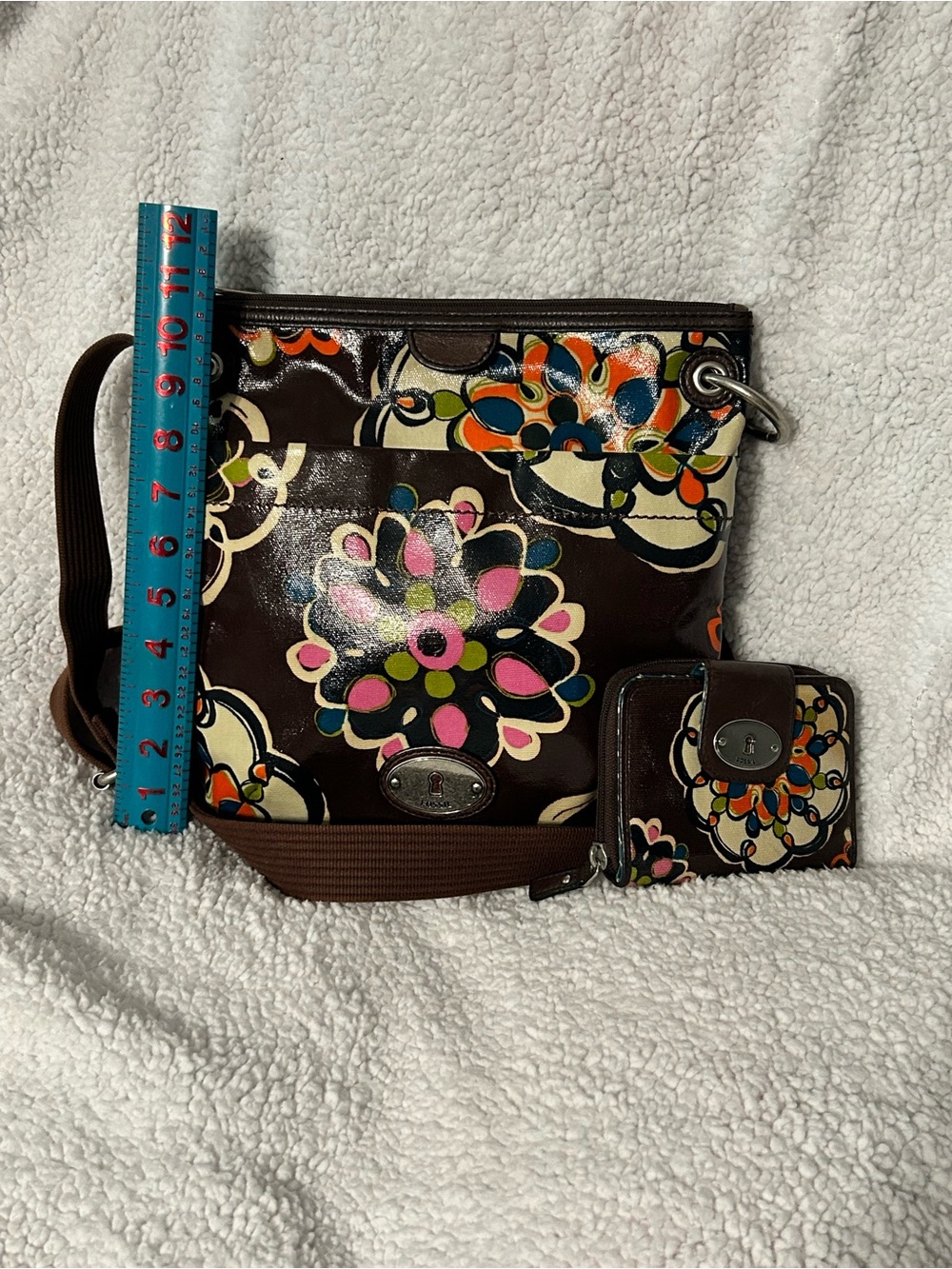 Fossil Brown Floral Patent Leather Crossbody with Wallet